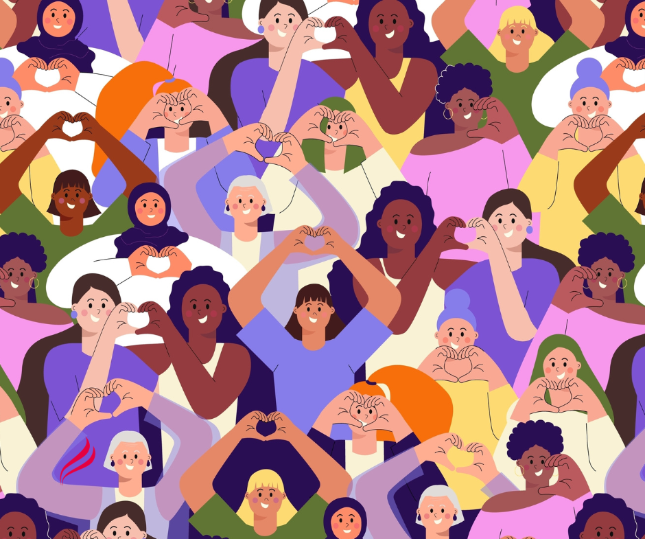 illustratie van tientallen vrouwen, van verschillende etniciteit, levensbeschouwing, leeftijd.